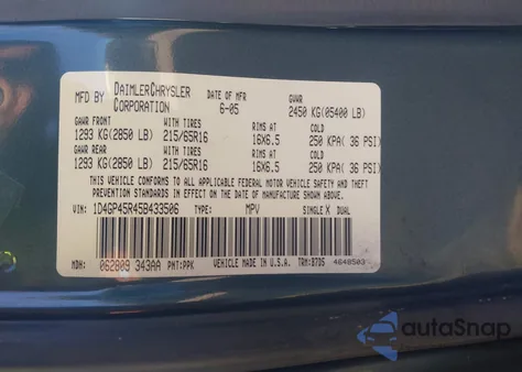 2005 Dodge Caravan Sxt из США, поврежденный, VIN 1D4GP45R45B433506